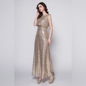 EUC Sorella Vita Gold Sequin Blouson Bridesmaid Gala Maxi Dress size 12
